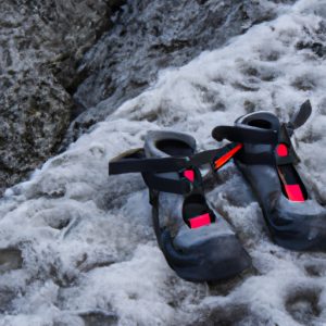 Hiking boots sitting on an icy cliff